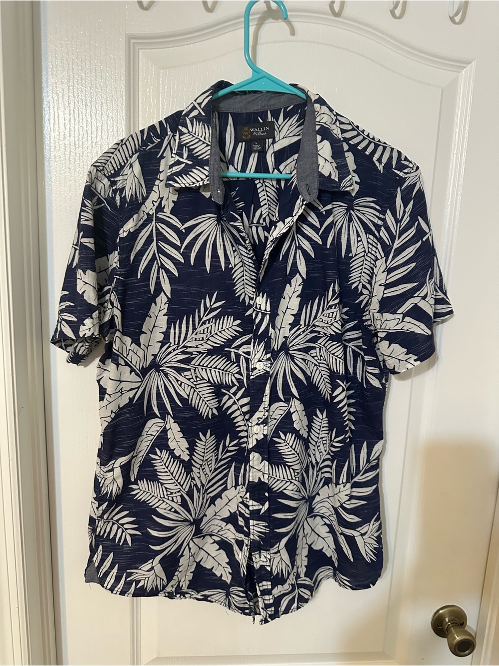 Wallin & Bros Navy Blue Tropical Palm Leaf Print Button Down Shirt Large
